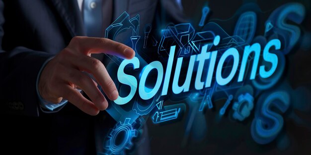 businessman presses solution button interface screen 1009902 37902 1